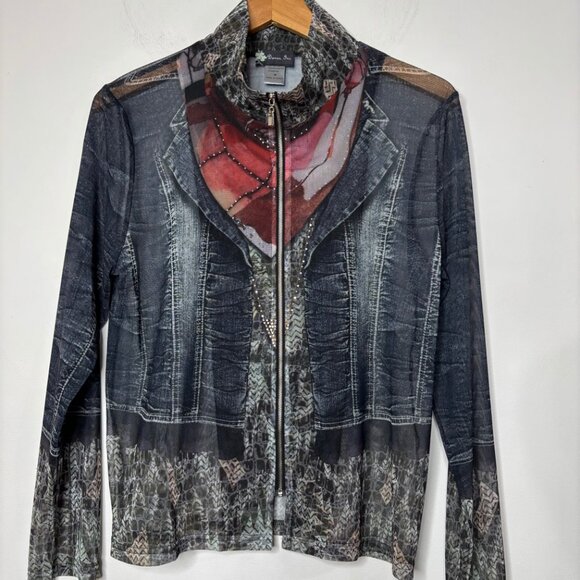 Damee Blue Polyester Mesh Trompe L’oeil Zip-Up Jacket Women’s M Art to Wear - Picture 12 of 12